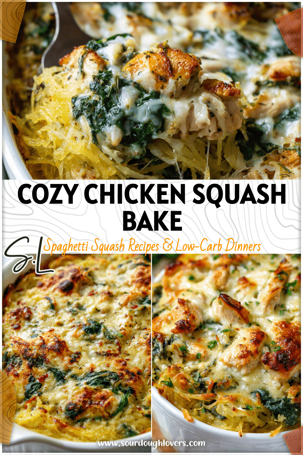 Golden baked chicken and spinach spaghetti squash casserole in a white dish topped with melted cheese.